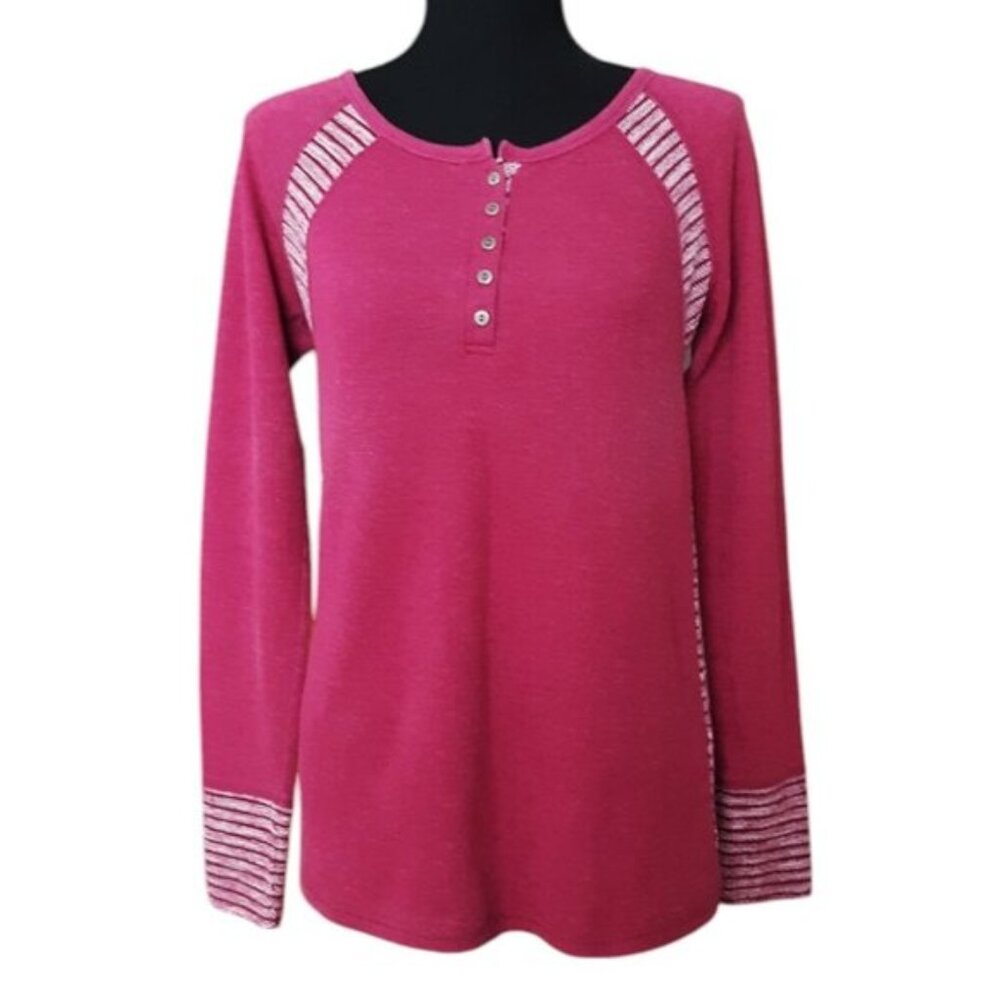 Lucky Brand Thermal Henley Knit Top Stripped Colorblock Medium